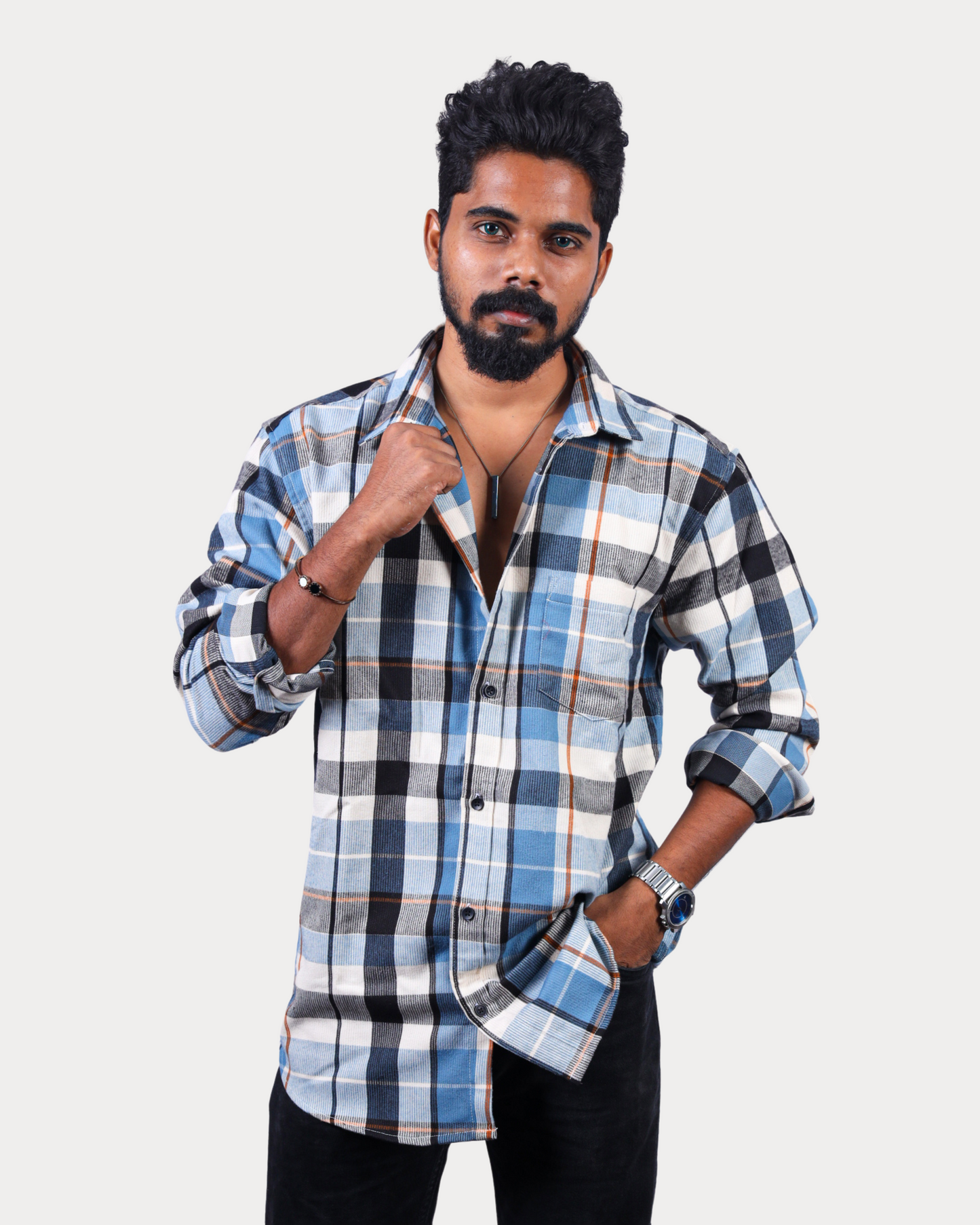 Flannel Woven Men's Shirt Cotton Blue Sapphire And Gilded Beige