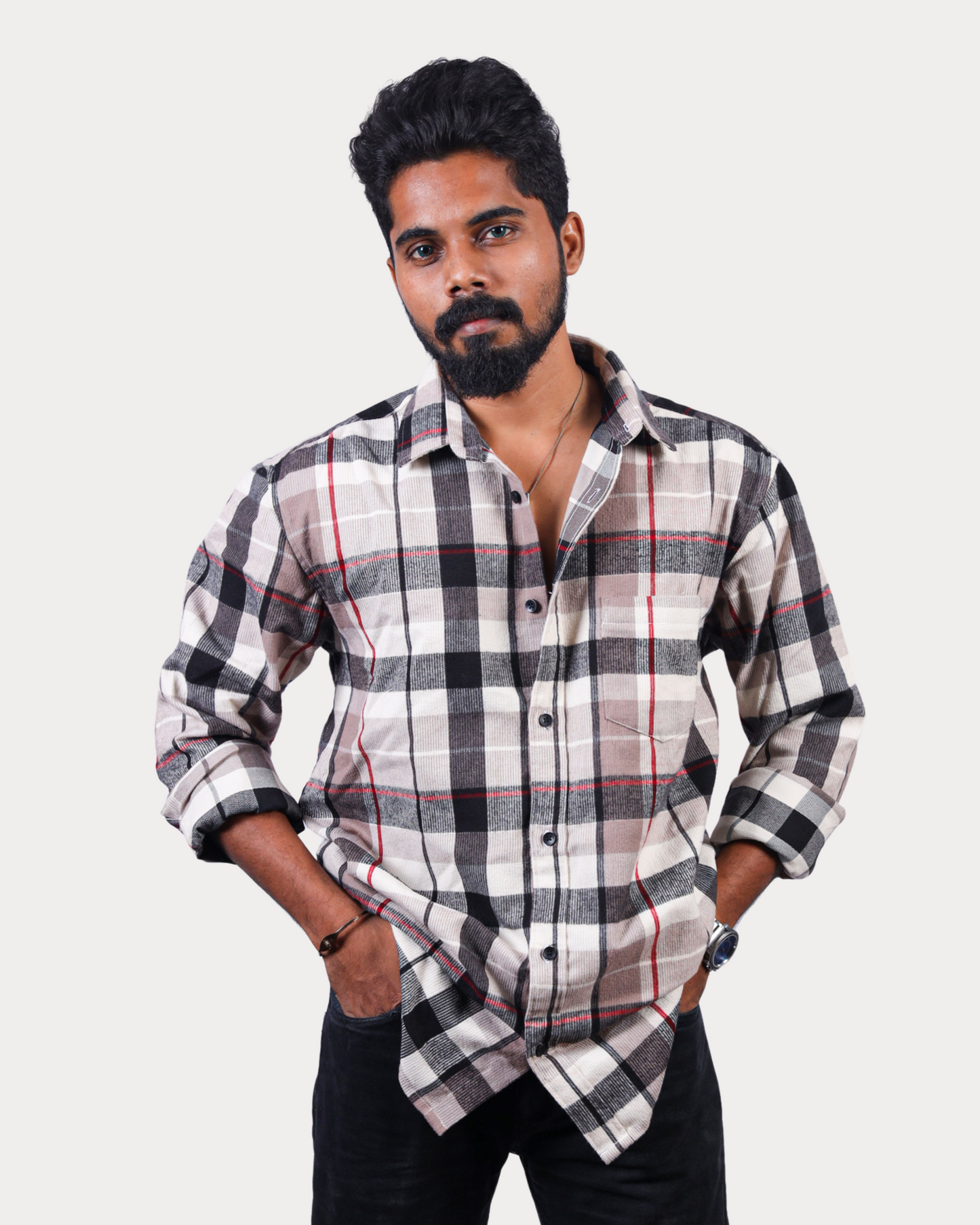 Flannel Woven Men's Shirt Cotton Blue Sapphire And Gilded Beige